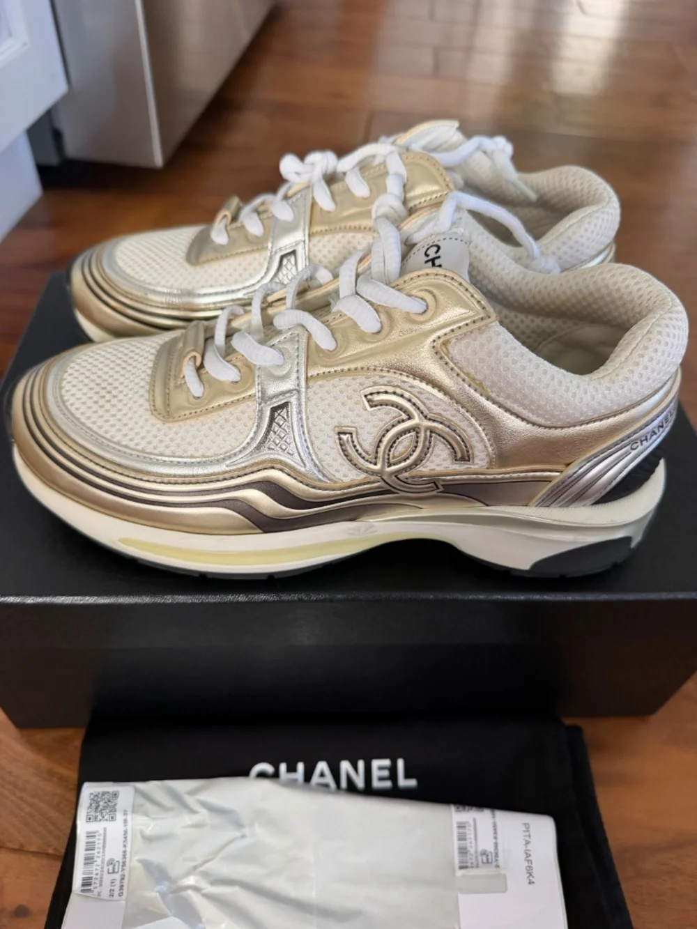 CHANEL Fabric Laminated Calfskin Stretch CC Sneakers size 37 in White,Gold,Silv